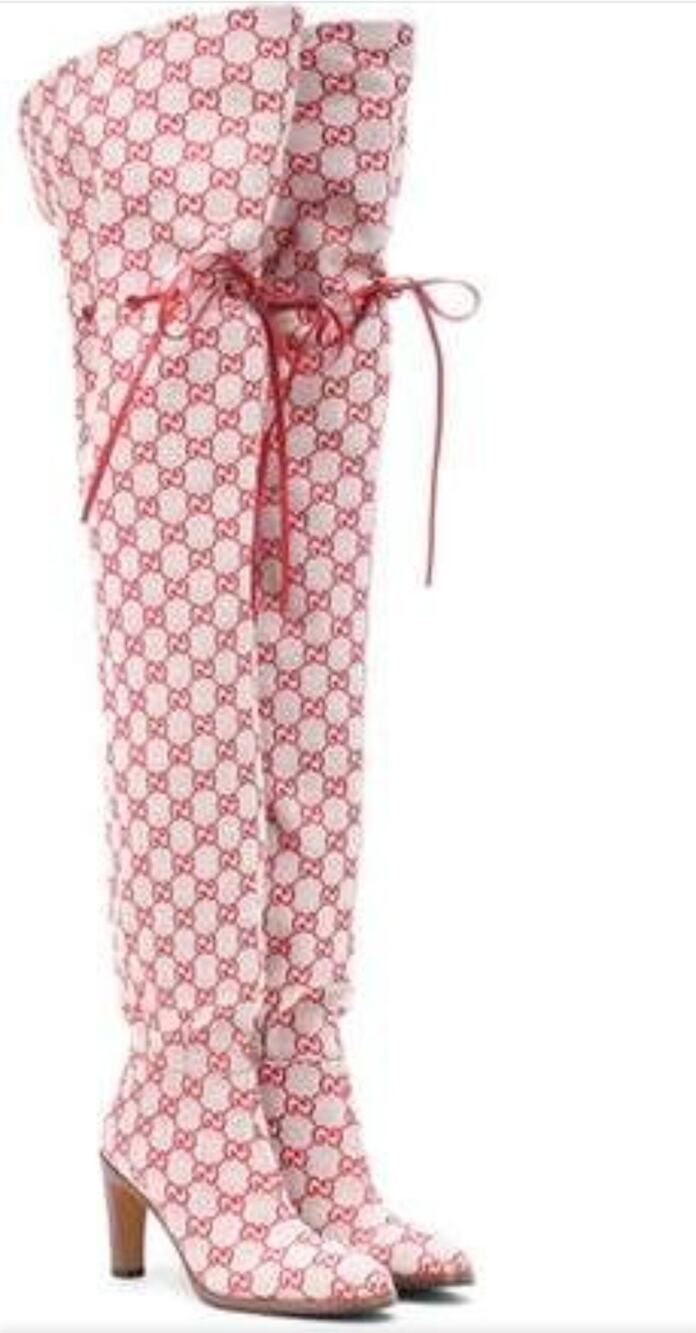 NEW $1800 Authentic Gucci GG Lisa Red Monogram Canvas Over The Knee Boots 37.5